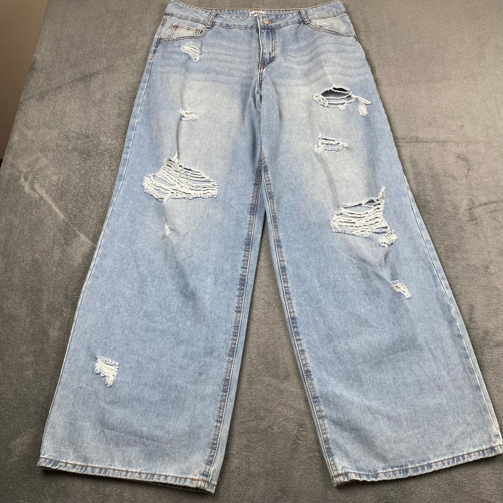 Refuge Denim Women 09 Super Baggy Jeans 34x33 Light Wash Distressed Wide Leg Y2K